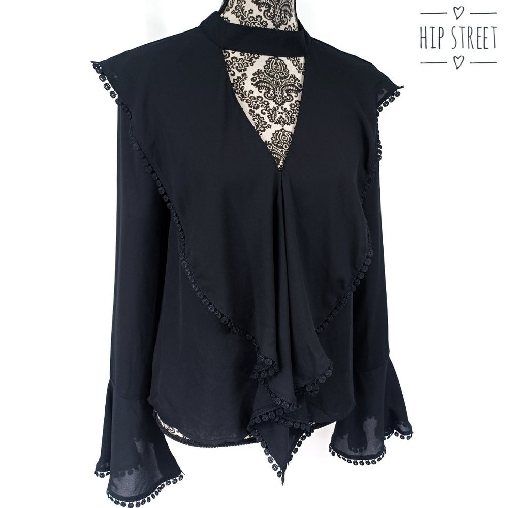 ENDLESS ROSE LS Ruffle Front & Wrists Lace Trim V Neck Chiffon Blouse Top S